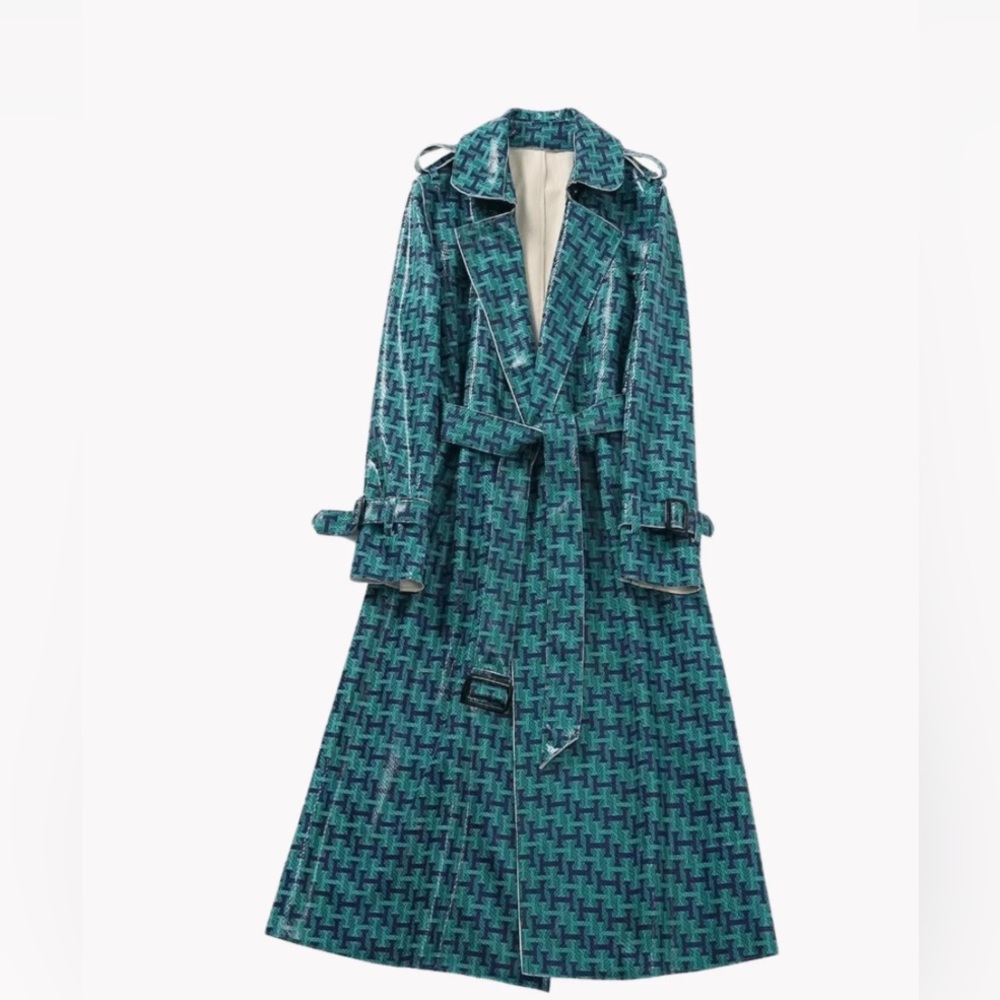 Teal Houndstooth Long Trench Coat - Women's